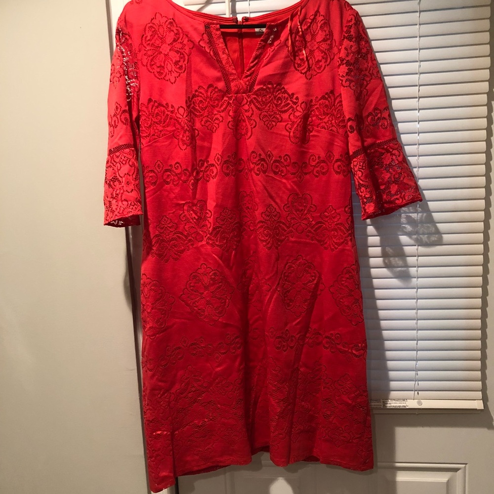 Orange Dress with Lace sleeves and overlay